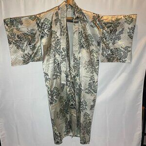 Vintage Japanese Silk Kimono Silver with Green Embroidery